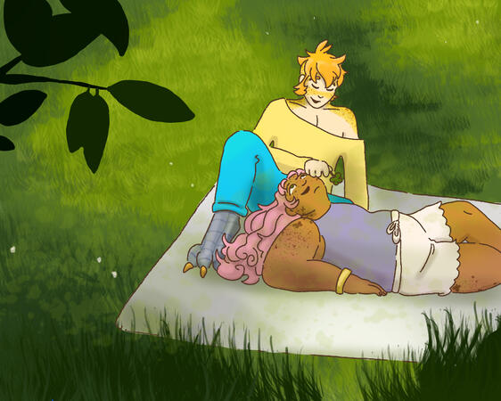 2 characters, full-body, colors + shading, plus detailed background